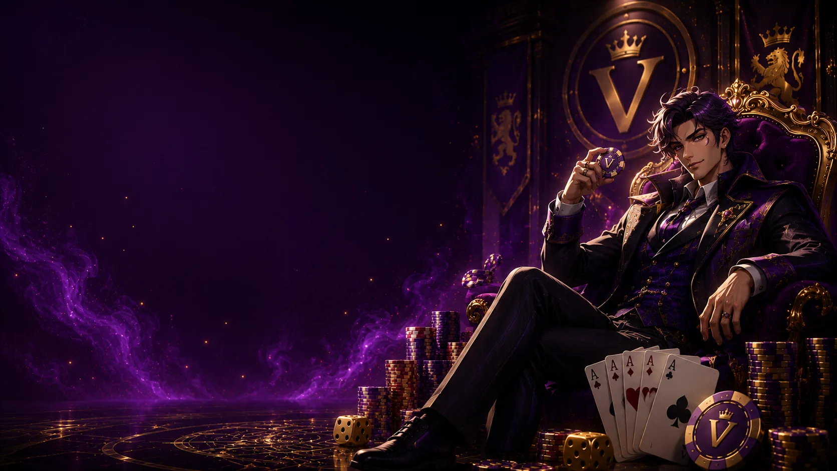 Victory Dynasty Hub host character relaxing in a royal lounge